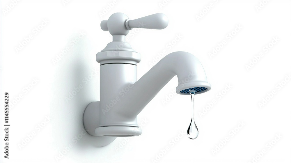 White Traditional Faucet with Water Drop on White Background White Traditional Faucet with Water Drop on White Background