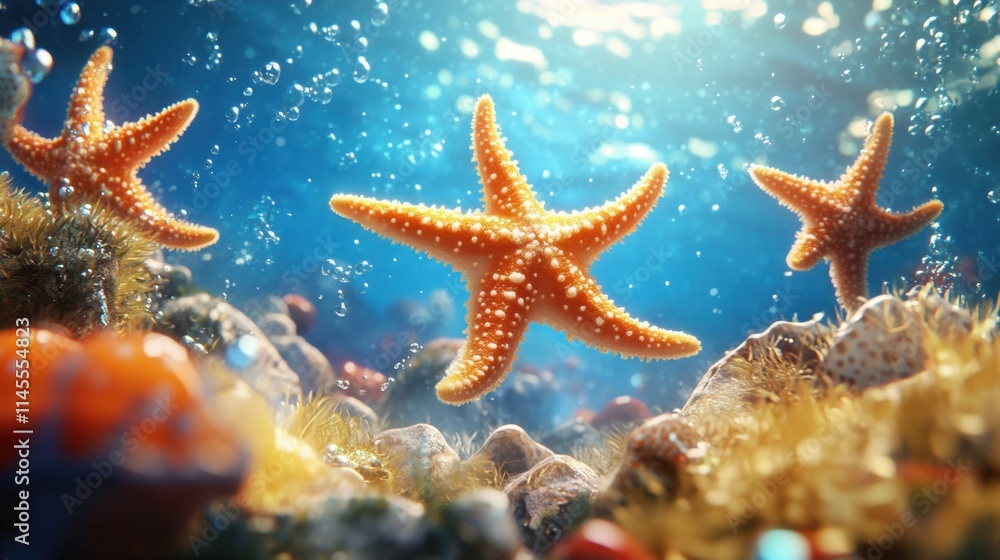 Whimsical 3D starfish caricature humorously interacting underwater in a fun oceanic banner scene Whimsical 3D starfish caricature humorously interacting underwater in a fun oceanic banner scene