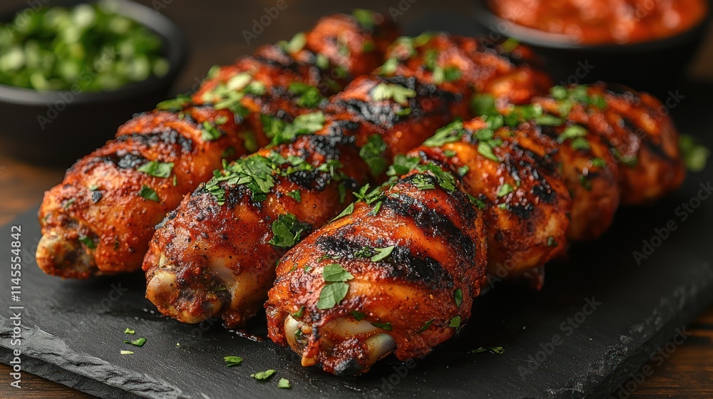 Grilled chicken wings garnished with herbs. Grilled chicken wings garnished with herbs.