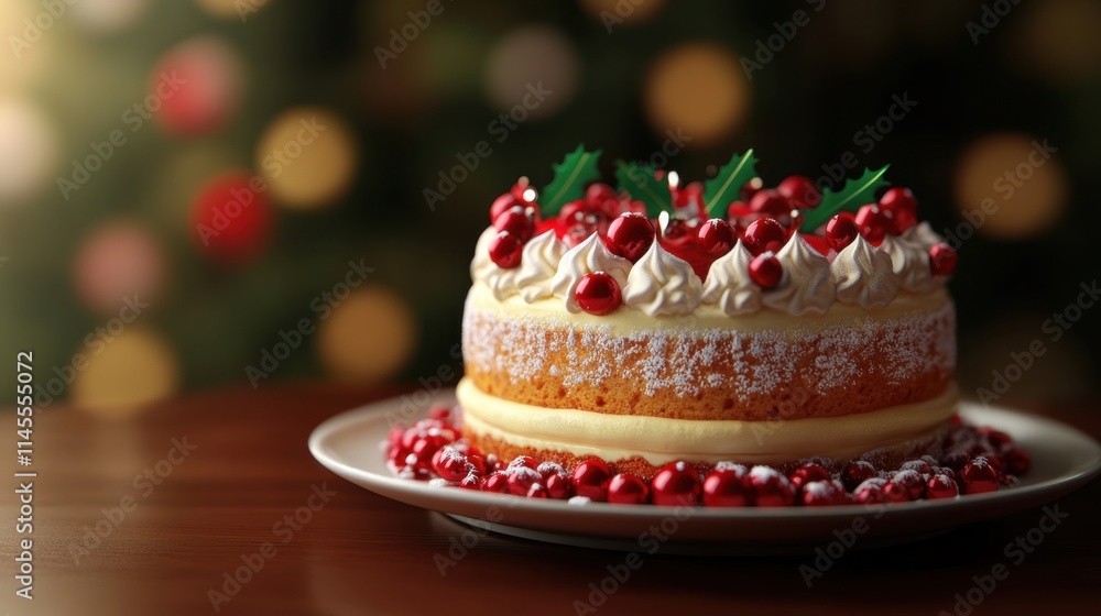 Festive Christmas Cake Delight on a Plate with Seasonal Decorations for Holiday Celebration Visuals Festive Christmas Cake Delight on a Plate with Seasonal Decorations for Holiday Celebration Visuals