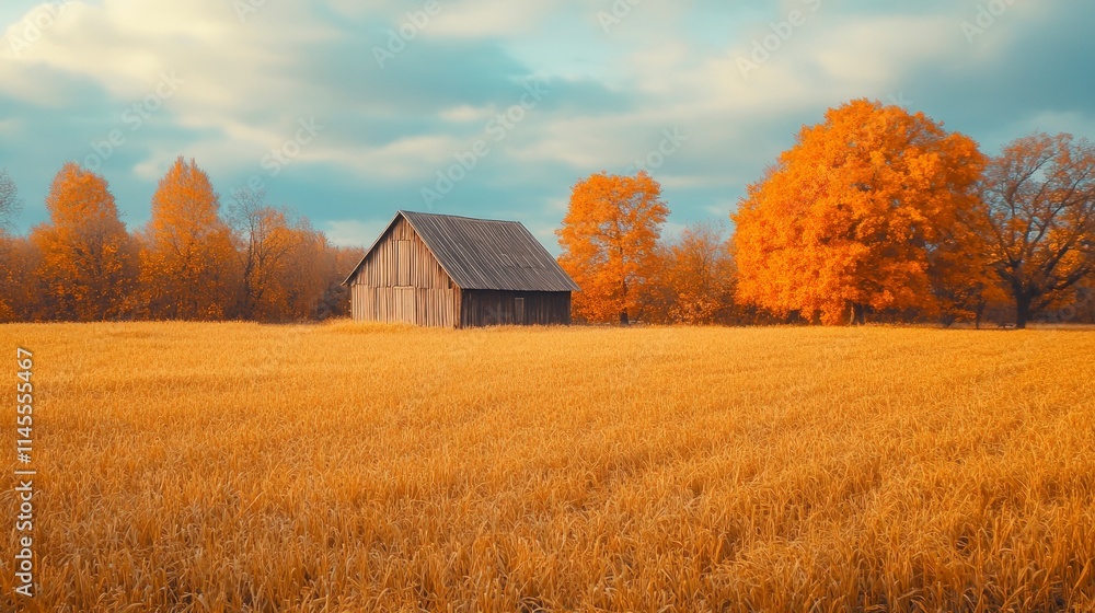 Golden Field in Autumn with Rustic Barn and Vibrant Trees Golden Field in Autumn with Rustic Barn and Vibrant Trees