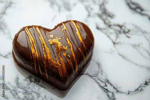 A chocolate heart shape with golden caramel drizzle on a marble floor. (Generative AI) photo