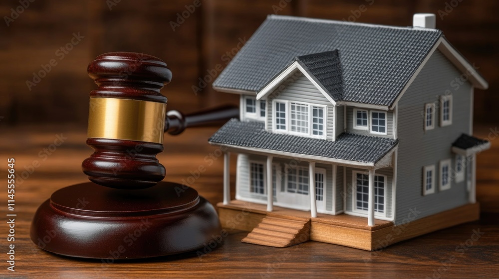 Real Estate Law Concept with Gavel and House Model. A model home next to a judge's gavel on a wooden desk, depicting real estate law, property disputes, and legal proceedings Real Estate Law Concept with Gavel and House Model. A model home next to a judge's gavel on a wooden desk, depicting real estate law, property disputes, and legal proceedings