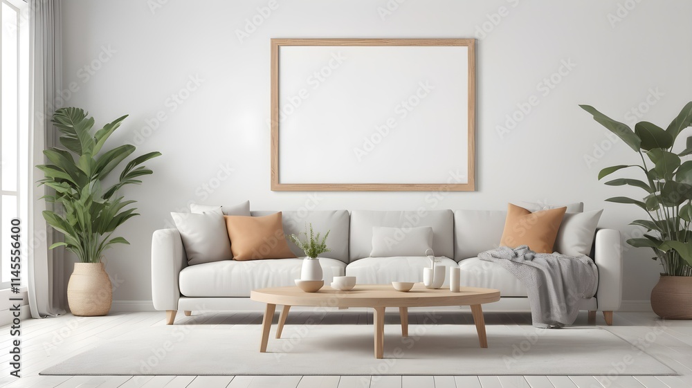 Modern Cozy Living Room Mockup with Stylish Furniture and Empty Canvas Frame on White Wall Texture, 3D Rendering Modern Cozy Living Room Mockup with Stylish Furniture and Empty Canvas Frame on White Wall Texture, 3D Rendering