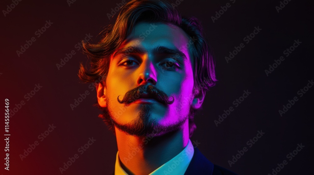 Movember Man: Stylish Young Guy with Mustache in Colorful Gradient Light for Awareness Campaign Movember Man: Stylish Young Guy with Mustache in Colorful Gradient Light for Awareness Campaign