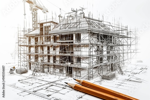 Architectural sketch of a modern building under construction with scaffolding and tools. photo