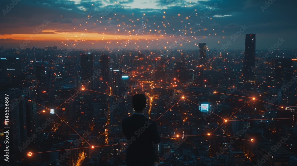 Smart digital city with connection cyber security network reciprocity over the cityscape . future smart wireless digital city and social media networking systems that connects people within the city Smart digital city with connection cyber security network reciprocity over the cityscape . future smart wireless digital city and social media networking systems that connects people within the city