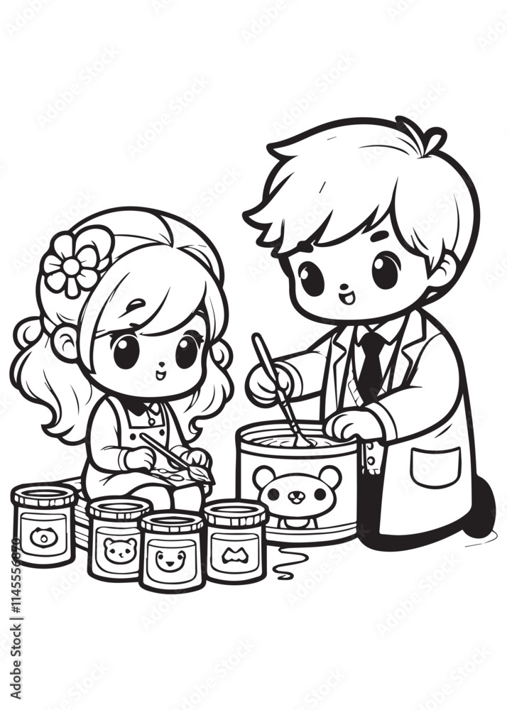 Coloring page design cute girl with teacher man learning crafting Coloring page design cute girl with teacher man learning crafting