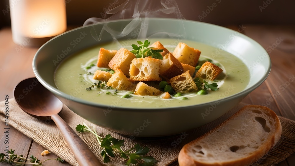 Pea Soup Perfection: Creamy Green Soup with a Crispy Crouton Garnish and Served with Warm Bread Pea Soup Perfection: Creamy Green Soup with a Crispy Crouton Garnish and Served with Warm Bread