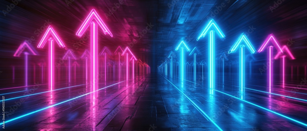 The neon arrows point upwards at an angle. The blue and pink arrows on a dark background The neon arrows point upwards at an angle. The blue and pink arrows on a dark background