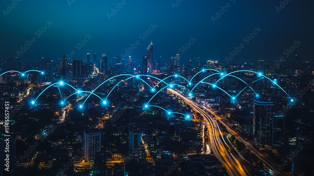 Fototapeta premium Smart digital city with connection cyber security network reciprocity over the cityscape . future smart wireless digital city and social media networking systems that connects people within the city