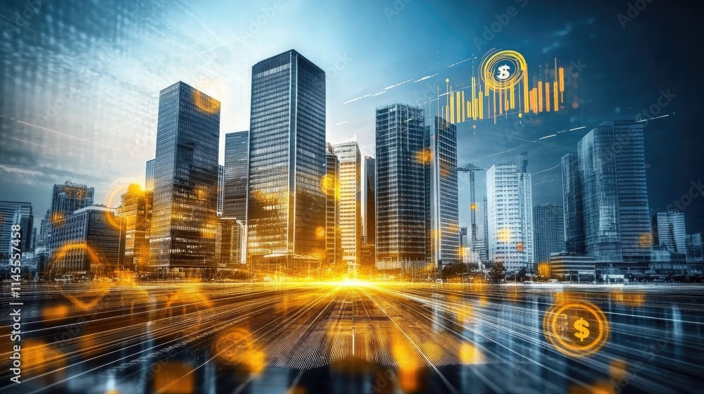 Fototapeta premium Abstract business background with buildings and coins. business and finance