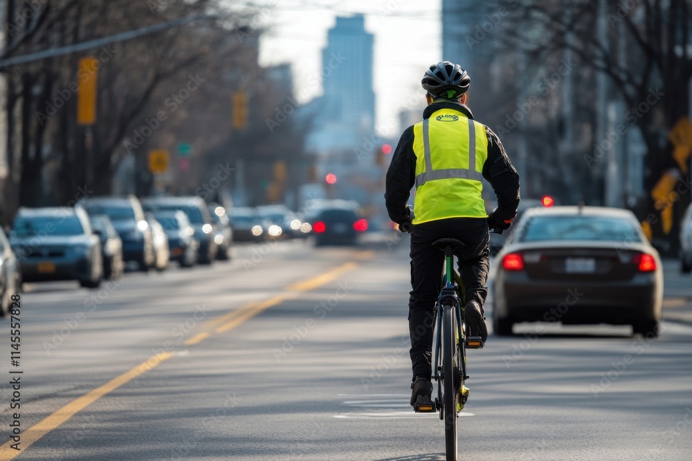 Fototapeta premium Promoting safety for cyclists in urban settings the importance of reflective gear streets photographic image daylight rear view road safety awareness