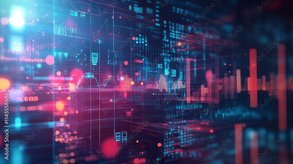 The integration of cutting-edge technology in the analysis of market trends, business data, and graphs is represented by the icons for artificial intelligence (AI), big data, and business analytics. T The integration of cutting-edge technology in the analysis of market trends, business data, and graphs is represented by the icons for artificial intelligence (AI), big data, and business analytics. T