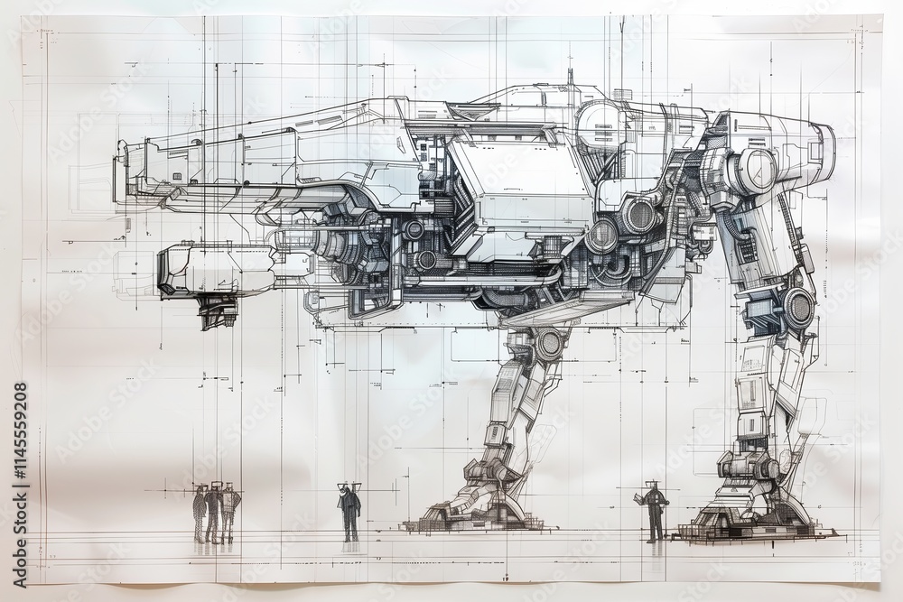 Obraz premium Detailed blueprint illustration of a futuristic robotic machine with human figures for scale.