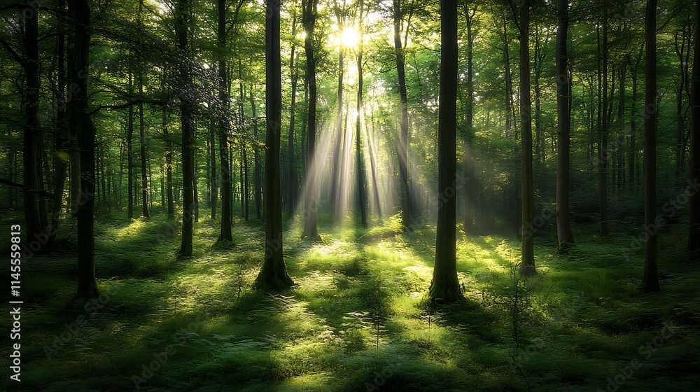 A dense green forest with sunlight shining through the gaps in the tree canopy, illuminating the lush plants and soft undergrowth below A dense green forest with sunlight shining through the gaps in the tree canopy, illuminating the lush plants and soft undergrowth below
