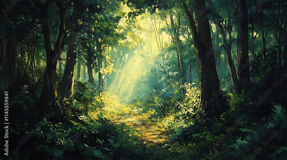 A serene forest scene with sunlight streaming through the canopy of tall, green trees, illuminating the natural textures of the forest floor below A serene forest scene with sunlight streaming through the canopy of tall, green trees, illuminating the natural textures of the forest floor below