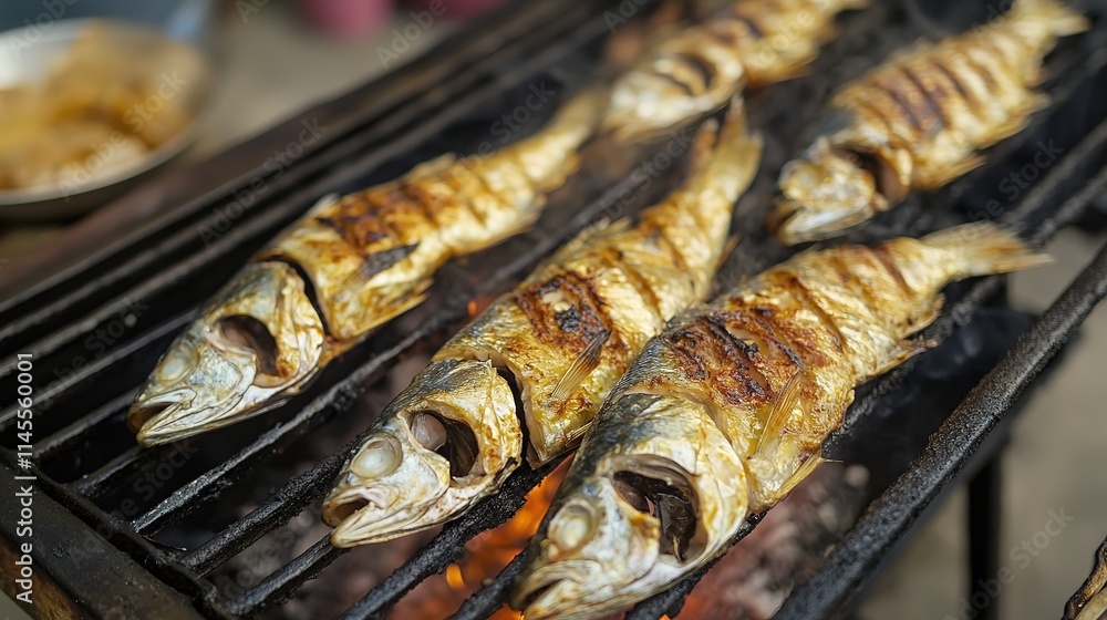 Grilled Delights: Steaming Hot Three-Striped Fish Tumbling on the Open Flame Grilled Delights: Steaming Hot Three-Striped Fish Tumbling on the Open Flame