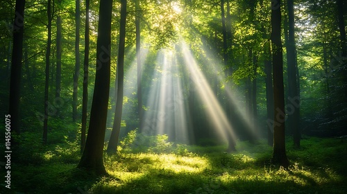 Sunlight gently illuminating the dense foliage of a lush forest, with rays of light breaking through the canopy and touching the forest floor 