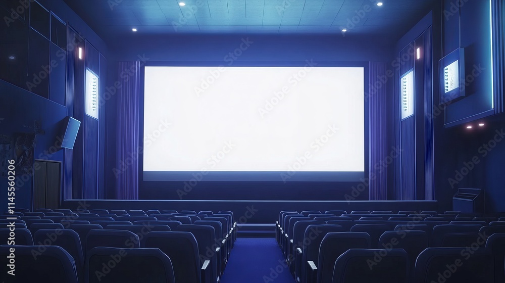 Fototapeta premium A blue movie theater with vacant chairs and a white blank screen. idea of pleasure, relaxation, and a movie theater. 