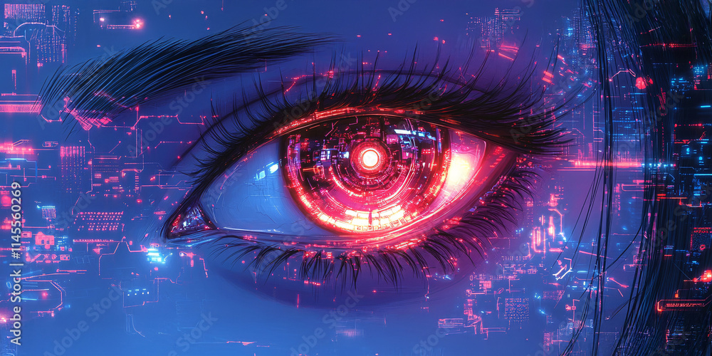 Close-up of a stylized eye with technological enhancements, Close-up of a stylized eye with technological enhancements,