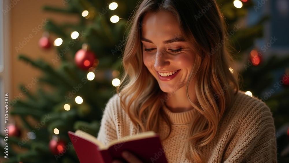 Happy smiling woman reading Christmas card or book holidays. Christmas background Happy smiling woman reading Christmas card or book holidays. Christmas background