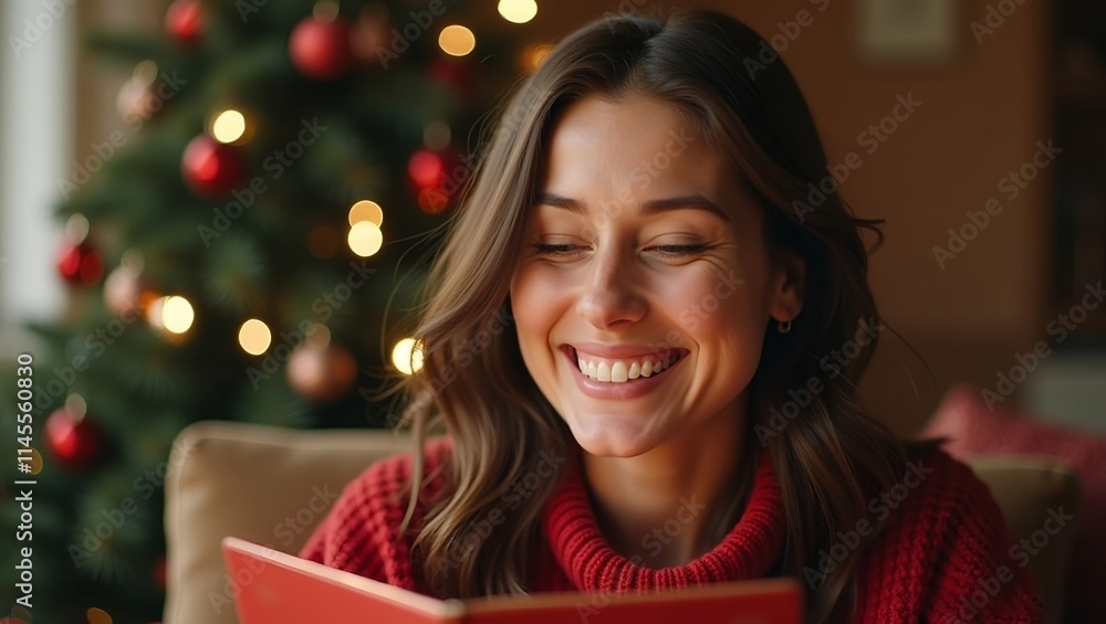 Happy smiling woman reading Christmas card or book holidays. Christmas background Happy smiling woman reading Christmas card or book holidays. Christmas background