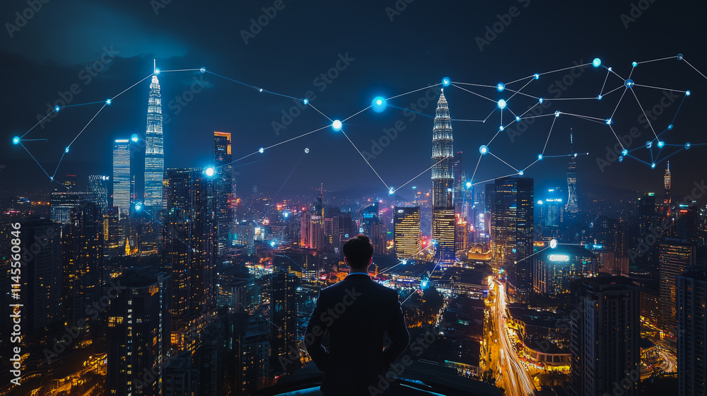 Smart digital city with connection cyber security network reciprocity over the cityscape . future smart wireless digital city and social media networking systems that connects people within the city Smart digital city with connection cyber security network reciprocity over the cityscape . future smart wireless digital city and social media networking systems that connects people within the city