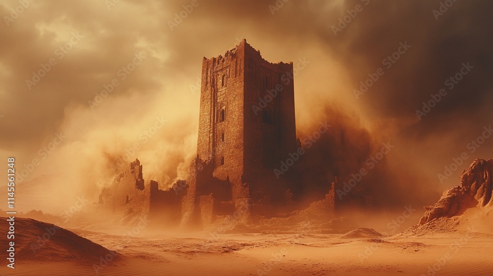 Obraz premium Sandstorm engulfing ancient stone tower ruins in a desert.