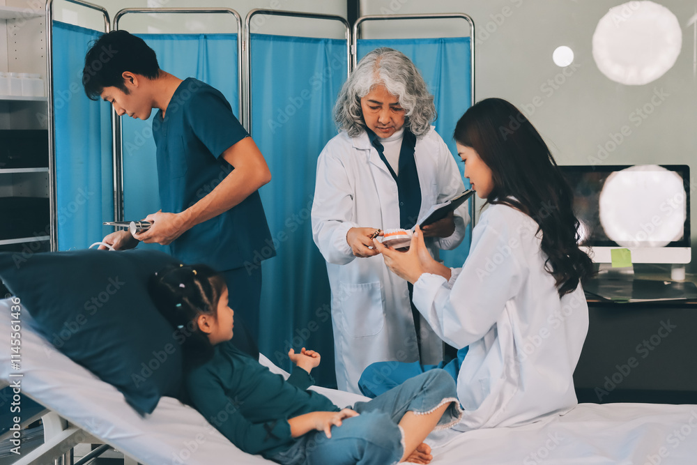 Fototapeta premium A team of doctors and nurses are working to treat a female patient in the patient's room.