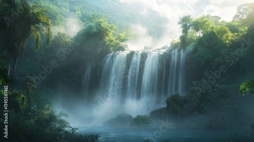 Large Waterfall Surrounded by Dense Tropical Forest in Nature Light