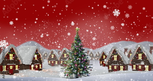 Image of snow falling over winter village with christmas tree