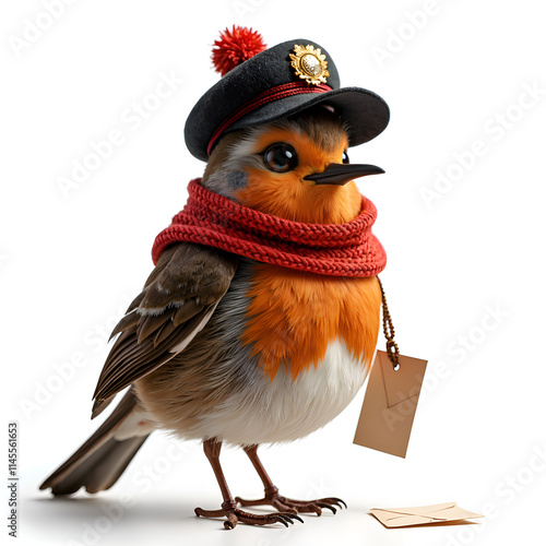 A charming bird dressed as a postmaster with hat and scarf holding letters, digital art of character design concept.