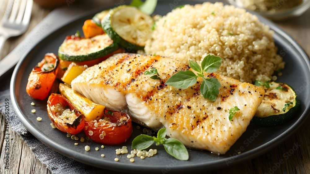 A plate of grilled fish, quinoa, and roasted vegetables arranged beautifully for a healthy meal A plate of grilled fish, quinoa, and roasted vegetables arranged beautifully for a healthy meal