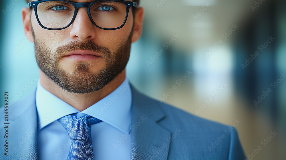 A man with a beard and glasses is wearing a blue suit and tie A man with a beard and glasses is wearing a blue suit and tie