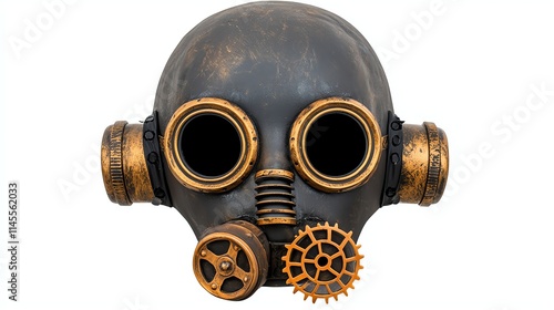 A steampunk-style gas mask featuring intricate gears and a vintage design, combining industrial aesthetics with a unique, artistic flair. photo