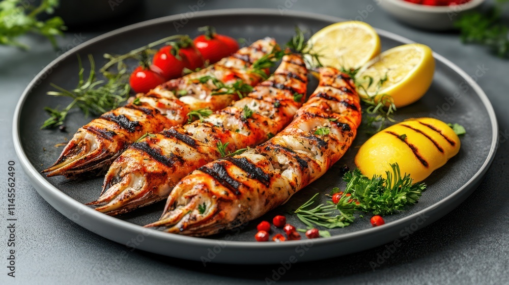 Grilled prawns with lemon, herbs, and cherry tomatoes on a dark plate. Grilled prawns with lemon, herbs, and cherry tomatoes on a dark plate.