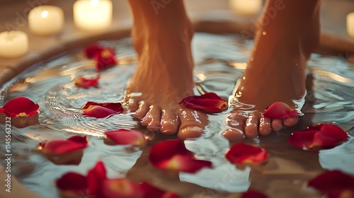 A tranquil spa area featuring a person soaking their feet in warm water with rose petals