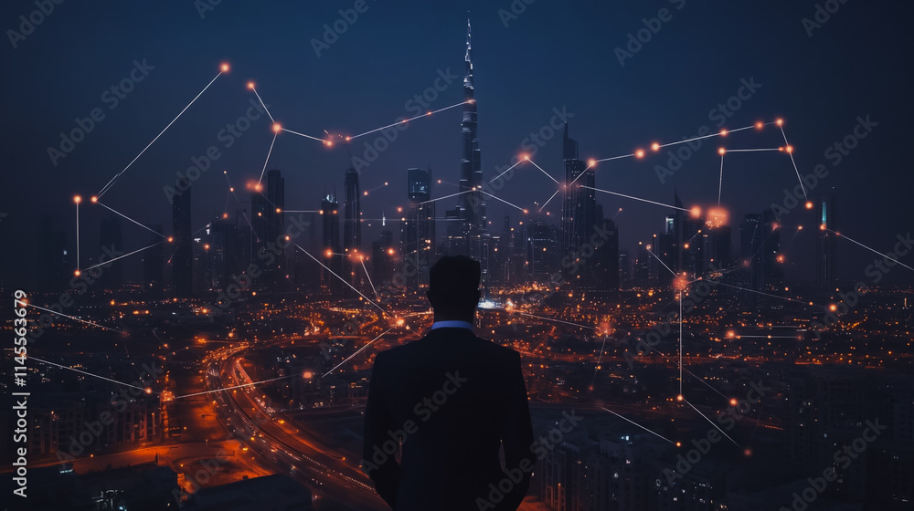 Fototapeta premium Smart digital city with connection cyber security network reciprocity over the cityscape . future smart wireless digital city and social media networking systems that connects people within the city