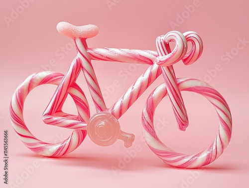 A glossy bicycle frame made of candy canes, its wheels spun sugar, and a jelly saddle, no brand labels. photo