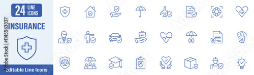 Insurance and Assurance line icon set. Contains icons as insurance, assurance, healthcare medical, life, car, home, travel insurance and more. Vector illustration.
