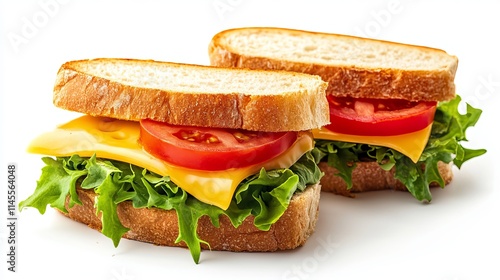 Slices of gouda on bread and a cheese sandwich are isolated against a white backdrop.