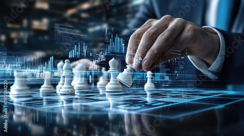 Businessman strategizing chess move with futuristic digital overlay, symbolizing strategic planning and decision making in business