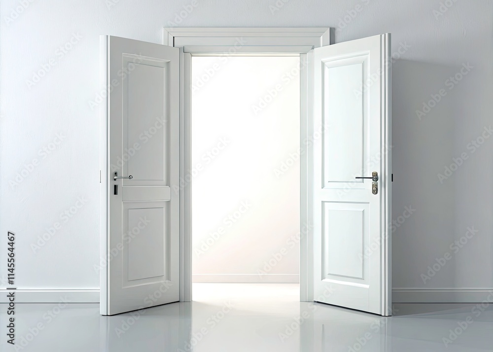 Minimalist White Double Doors, Open Doorway, White Background, Clean Interior Design, Modern Architecture, Simple Room, Empty Space, Bright Interior Minimalist White Double Doors, Open Doorway, White Background, Clean Interior Design, Modern Architecture, Simple Room, Empty Space, Bright Interior