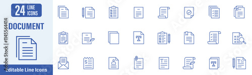 Document web icons in line style. Documents, work assignments, reports, contracts, files, letters, clipboard, assignments, papers, certificates and more. Vector illustration.