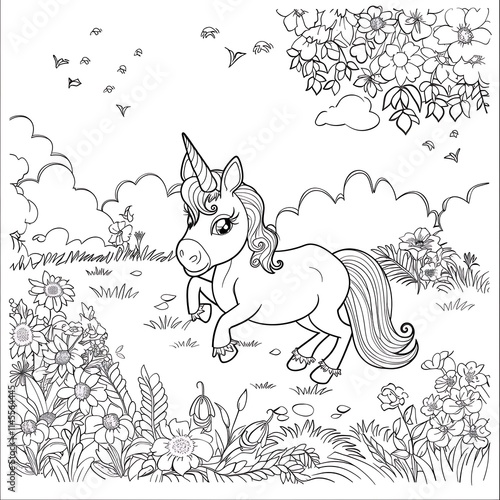 Colorful unicorn illustration in a magical garden setting black and white line art nature theme photo