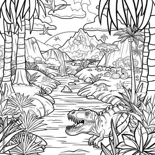 Dinosaur encounter in lush jungle black and white coloring page nature scene artistic view adventure concept photo