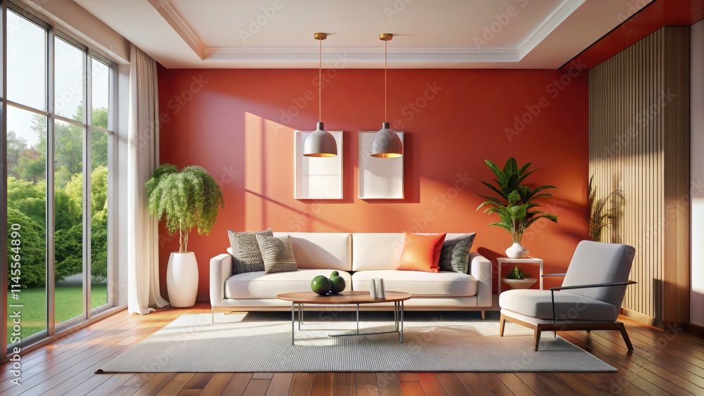 Fototapeta premium Modern Living Room Interior Design: Coral Wall, White Sofa, 3D Rendering, Drone Photography View