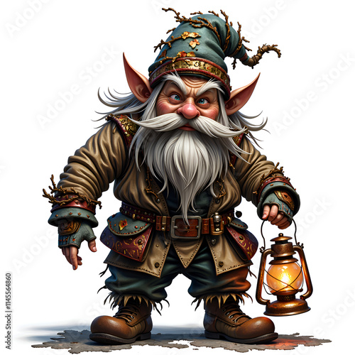 Garrick, the mysterious forest gnome with a lantern in hand and a twinkle in his eye, digital art of fantasy character concept. photo