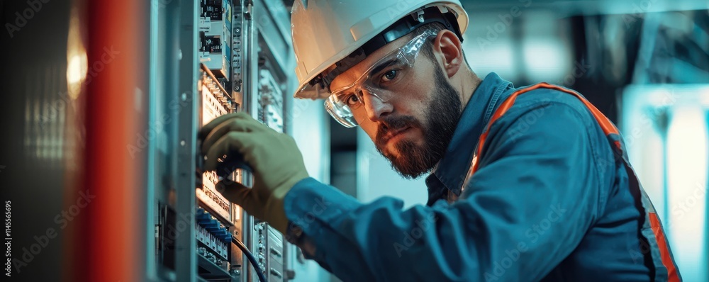 A focused technician in safety gear works on electrical equipment, ensuring proper connections and functionality in an industrial setting. A focused technician in safety gear works on electrical equipment, ensuring proper connections and functionality in an industrial setting.